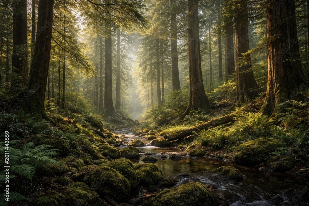 Fototapeta premium Majestic woodland vista filled with towering trees and dense greenery