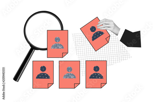 Contemporary art banner collage of hand choose business candidate profile folder employment app vacancy magnifier search