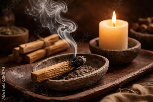 Fragrant smoke rising from palo santo stick adjacent to candle amid organic serveware