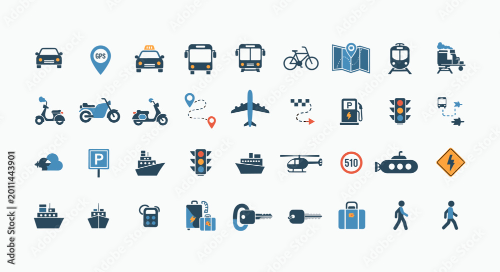 Naklejka premium A comprehensive set of transportation and travel icons, including various vehicles, navigation tools, and related infrastructure elements.