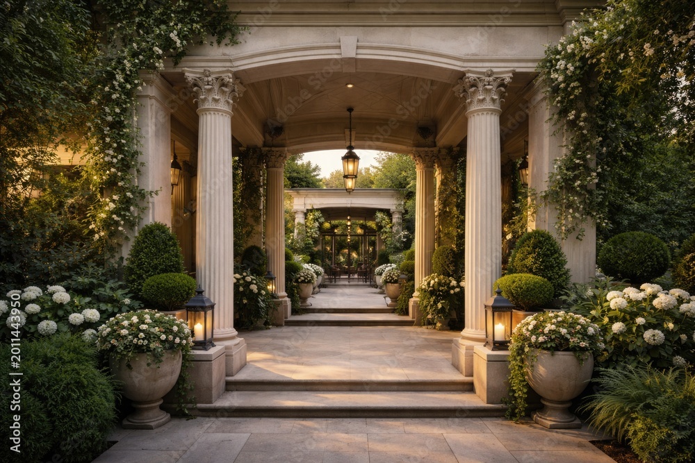 Fototapeta premium Refined patio entrance with majestic columns and abundant greenery designed for promotional text area