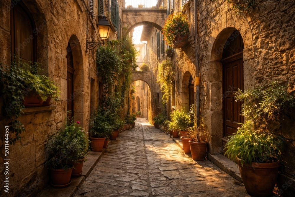 Obraz premium Sunlit old town with narrow alleyways