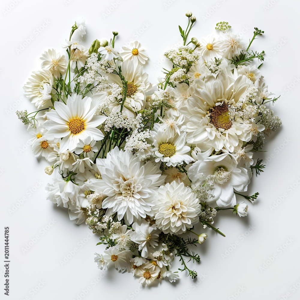 Obraz premium A heart shape formed with various white flowers lies on a plain white background. Each flower adds to the overall shape, showing different sizes and types