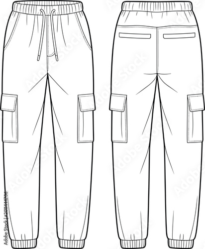 Valokuva Cargo jogger pants with drawstring waistband and back view, flat vector