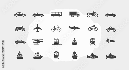 Bild auf Leinwand A collection of diverse transportation icons, including cars, buses, trucks, motorcycles, airplanes, bicycles, trains, ships, helicopters, and submarines, presented on a light gray background