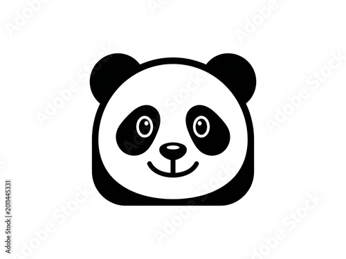 Cute panda head vector illustration with a happy smiling face for kids and children design projects featuring a simple black and white graphic icon of a friendly bear character for branding