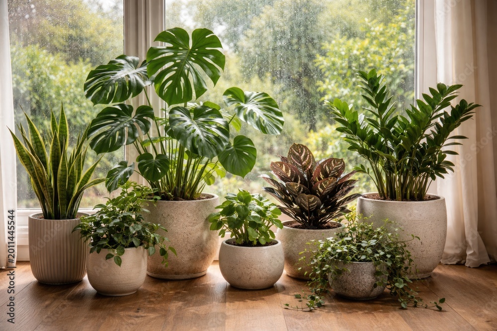 Fototapeta premium Collection of indoor plants in ceramic pots set on floor beside window with rain increasing air quality