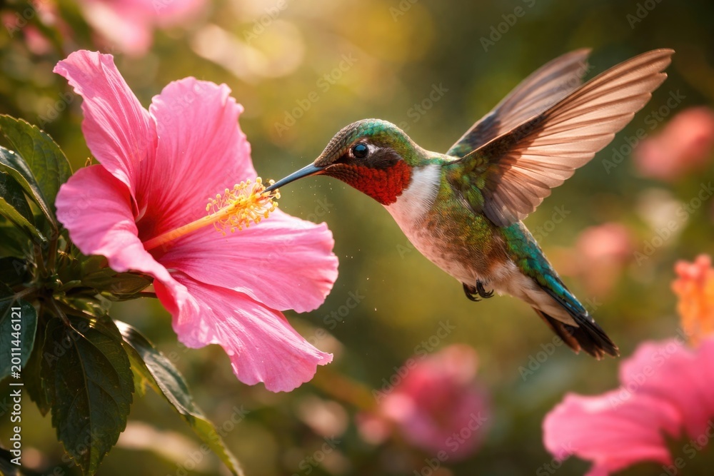 Fototapeta premium Happy hummingbird hovering while drinking nectar from an open pink flower