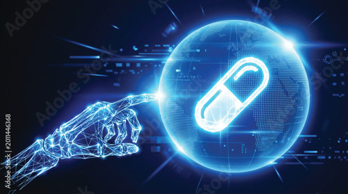 Quadro su tela Digital robotic hand touching glowing globe with medicine capsule icon representing artificial intelligence in global pharmaceutical research and healthcare technology advancements