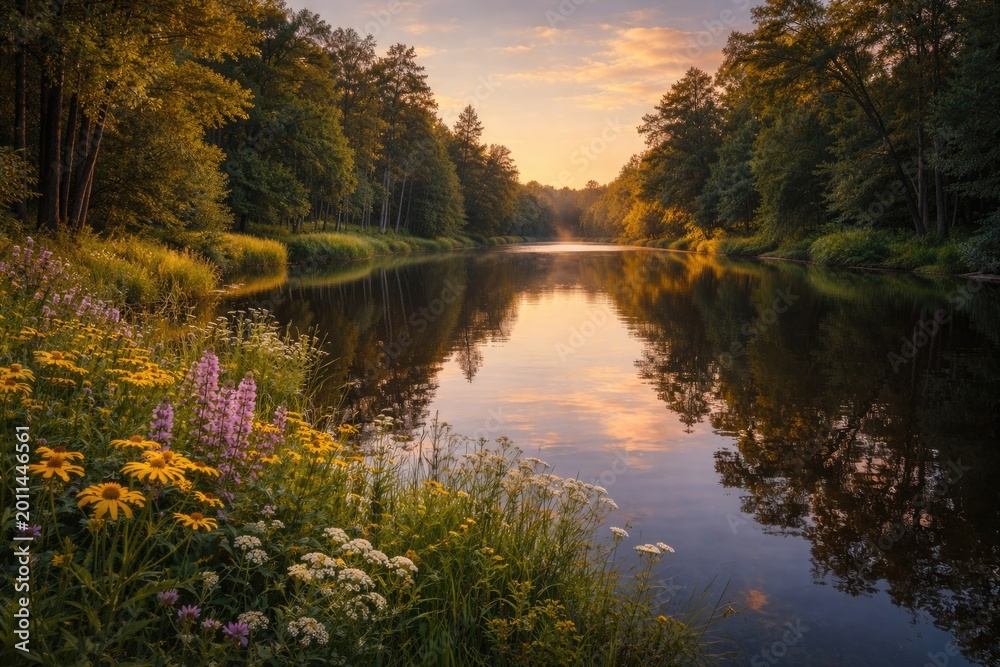 Obraz premium Serene evening view of calm river bordered by dense trees and bright wildflowers with reflections copy space