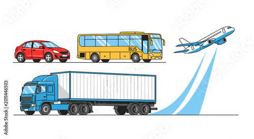 Εκτύπωση καμβά Illustration of various modes of transportation including a red car, a yellow bus, a blue semi-trailer truck, and an airplane taking off, all against a white background
