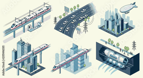 Obraz na plátne Isometric illustration of modern urban transportation systems and city infrastructure including high-speed trains, highways, monorails, and underground tunnels