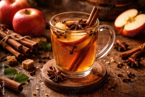 Warm apple cider featuring anise and clove spices in a glass set on wood