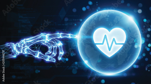 Foto Robotic hand interacting with glowing heart pulse icon on digital globe representing cardiovascular technology and artificial intelligence in modern medical heart health care