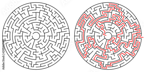 Circular maze puzzle with red highlighted solution path