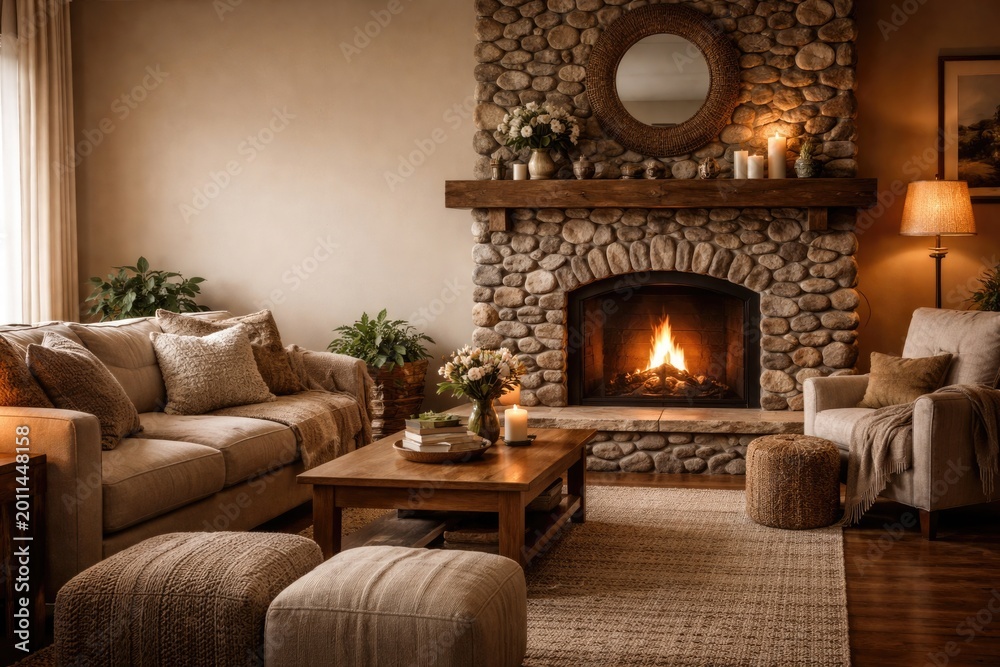 Naklejka premium Inviting living room setup with textured river rock fireplace and ample copyspace