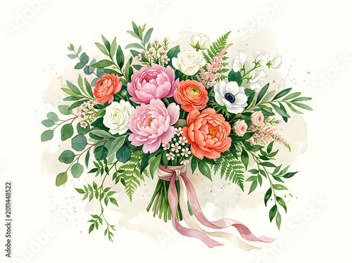 Beautiful bouquet of pink and orange roses with green leaves and ribbon