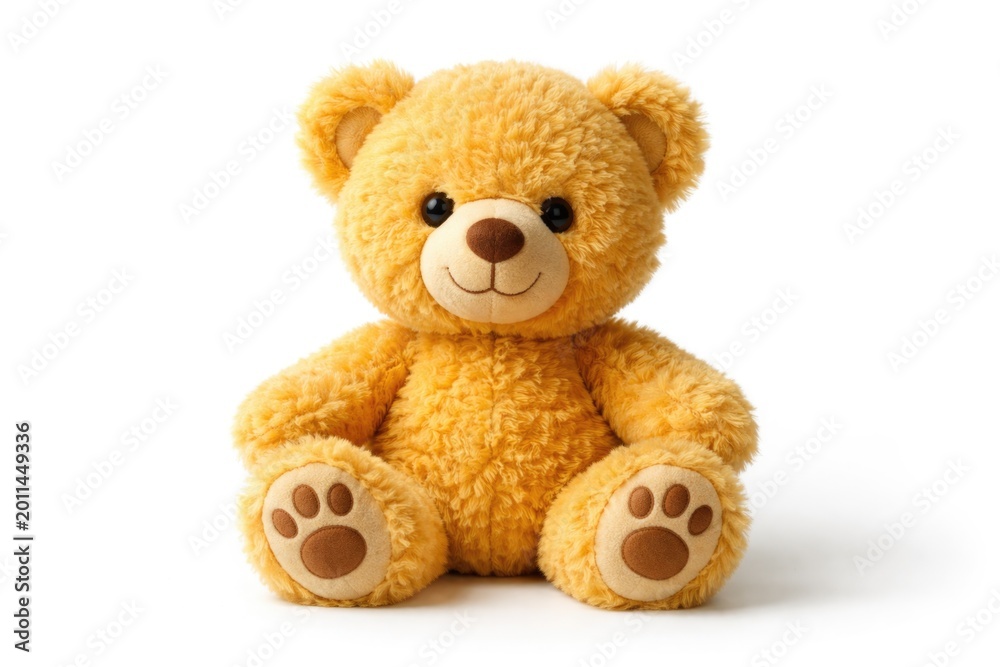 Obraz premium Happy yellow teddy bear seated on a crisp white backdrop