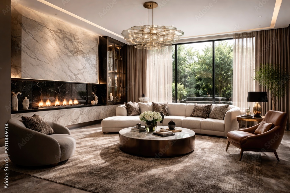Fototapeta premium Refined living room scene with designer seating, tasteful decorations, and a modern fireplace