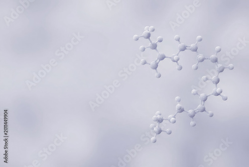 Molecular structure illustration featuring interconnected white spheres representing atoms on a soft gray background with blurred details for scientific themes