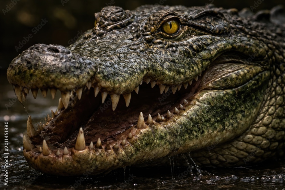 Fototapeta premium majestic fierce green alligator head featuring sharp teeth and vivid yellow eyes