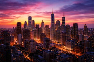 multicolored city skyline basking in the warm glow of dusk