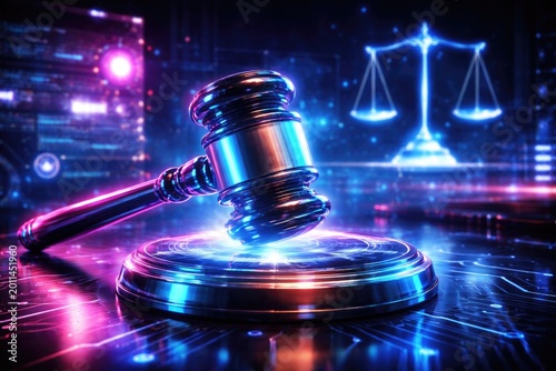 Modern legal technology representation with a brightly lit digital gavel under neon blue and pink lights