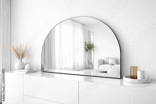 Modern room with sleek mirror design displayed on crisp white surface