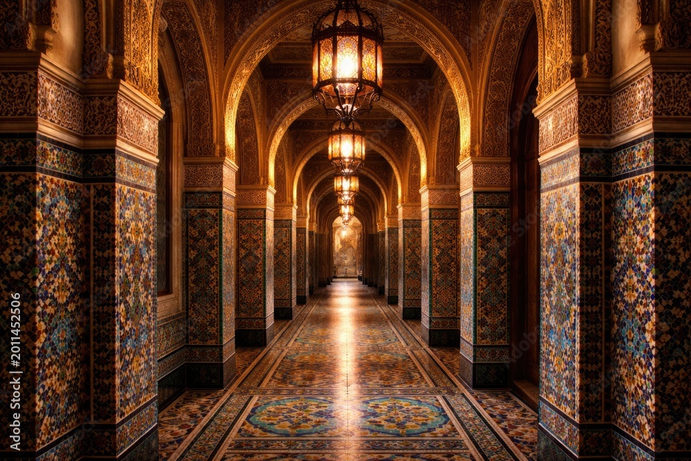 Fototapeta premium Intricately tiled corridor bathed in light from decorative hanging lamps within vibrant architecture