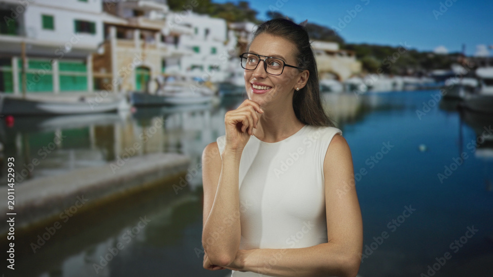 Fototapeta premium Woman with hand on chin in front of seaside building by moored boat, wearing glasses and earring; contemplation.