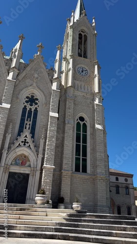 Santuario dell’Addolorata in Castelpetroso, Molise Italy, neo gothic catholic church exterior architecture, religious landmark, 4K ProRes