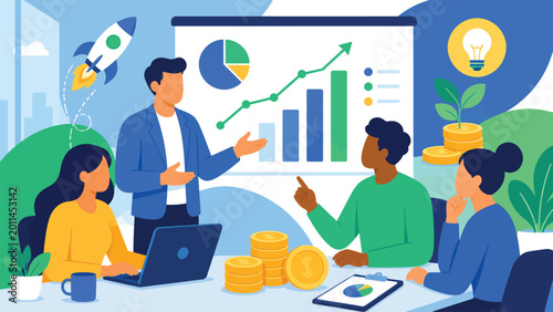 Fotografía Startup Funding and Investment Business Team Flat Vector Illustration