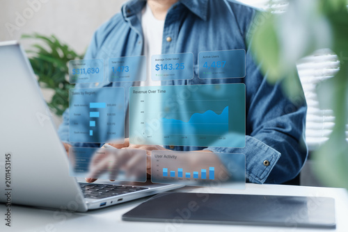 Fotografi AI driven business analytics dashboard interface, real time revenue data visuali