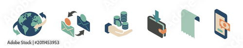 Global money transfer and digital payment isometric icon set vector illustration