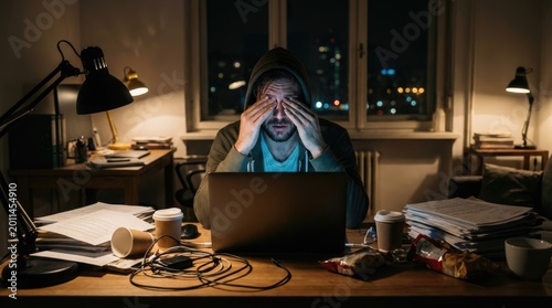 Exhausted man in a hoodie, rubbing his strained eyes due to prolonged late-night computer usage, depicting overwork, mental fatigue, and stress from intense digital labor, deadline pressure