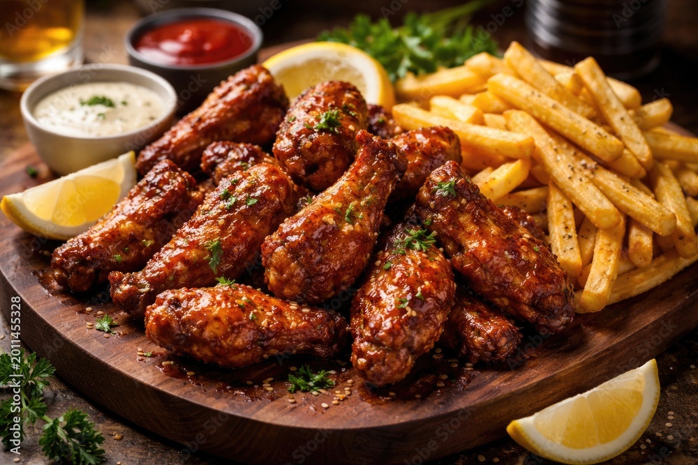 Fototapeta premium Wooden platter holding crispy chicken wings paired with lemon and crunchy fries