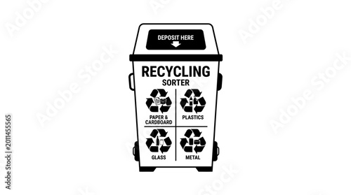 Photos Black and white illustration of a recycling sorter bin for waste management