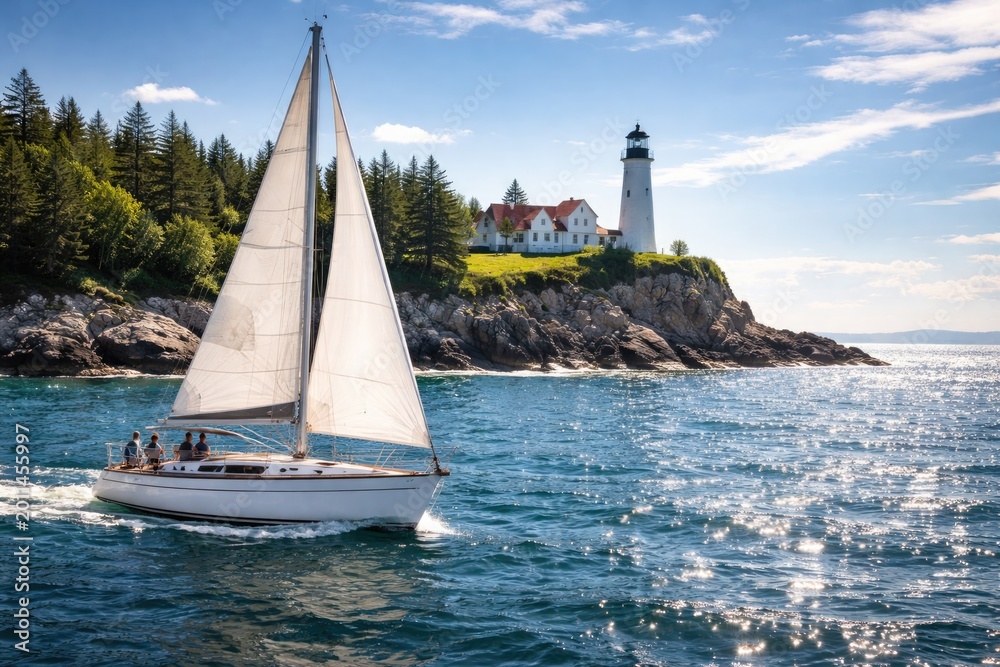 Naklejka premium White sailboat cruising past a lighthouse on a cape with sparkling water under summer skies