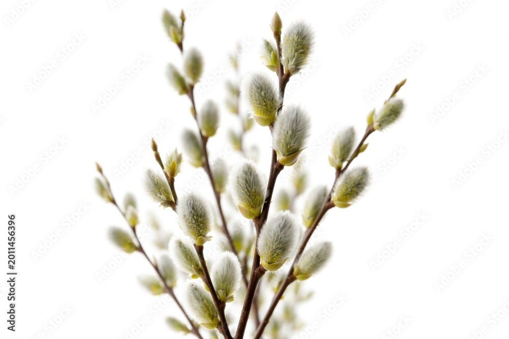 Fototapeta premium White background featuring a young willow bush adorned with soft spring pussy willow buds in bloom