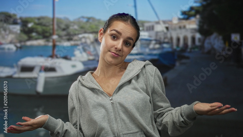 Bild auf Leinwand Woman shrugs palms up on street by harbor boats wearing gray zip hoodie, tilting head with slight smile and raised eyebrows; uncertainty