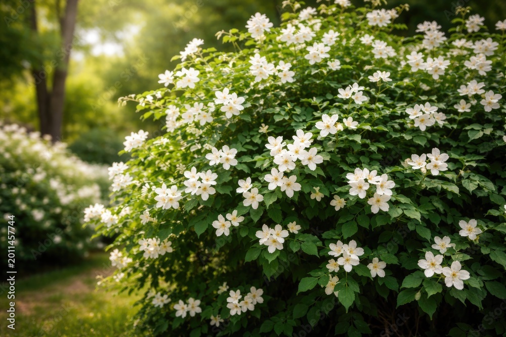 Fototapeta premium Lush green jasmine shrub with white flowers blooming brightly