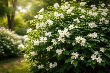 Lush green jasmine shrub with white flowers blooming brightly