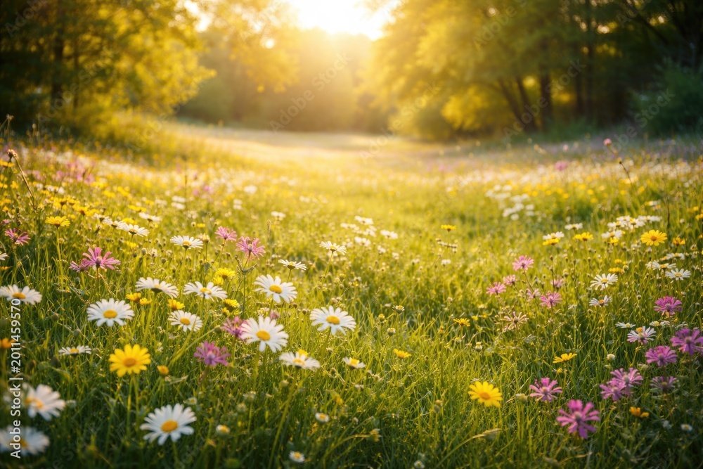 Obraz premium Peaceful meadow showcasing fresh spring blooms illuminated by sunlight ideal for copy space