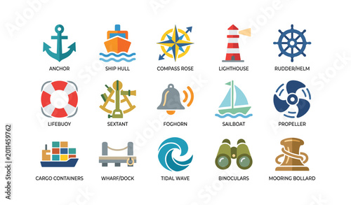Nautical icons depicting maritime navigation and docking equipment