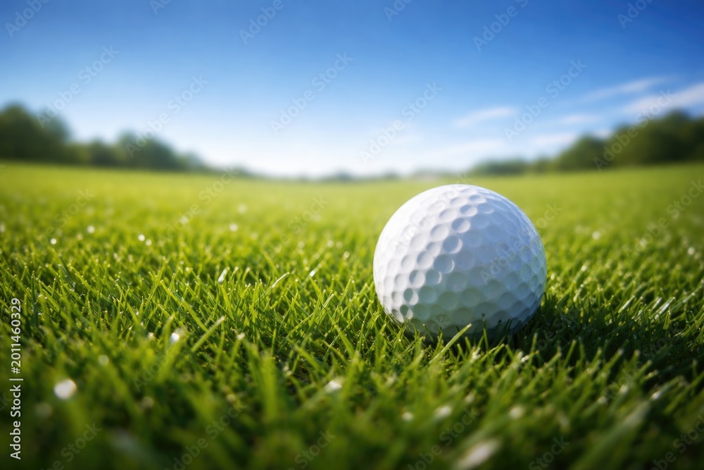 Obraz premium Golf ball resting on rich green grass with a brilliant blue sky showcasing golf enthusiasm for event visuals