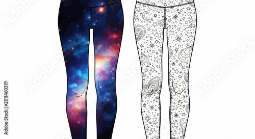 Colorful galaxy and black-and-white patterned leggings design  