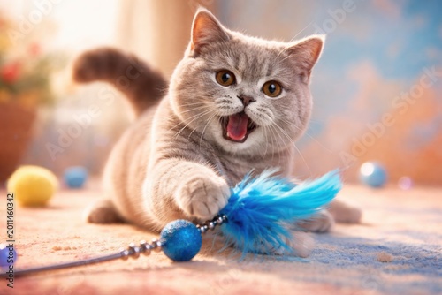 Energetic British Shorthair cat playing with vibrant blue toy on blended peach and pale blue scene