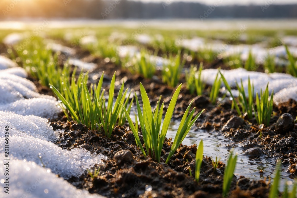 Fototapeta premium Spring sprouting of winter cereals featuring early grain development and snow melt
