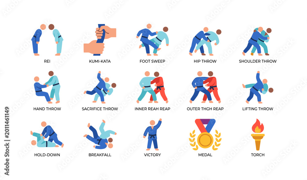 Fototapeta premium Judo technique icons showing throws grips and competition symbols
