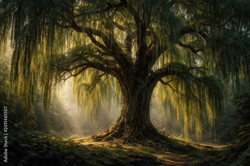 Obraz premium Striking image of a vast tree adorned with long hanging branches